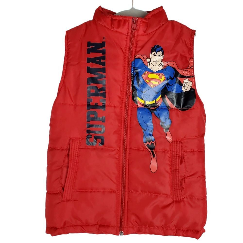 Superman Kids Size 6 Red Sleeveless Full Zip Pockets Puffer Vest Spellout